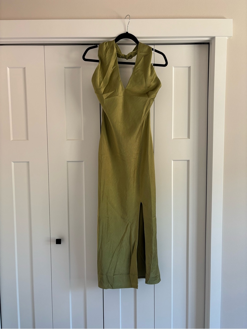 Lulus Beyond Classy Chartreuse Satin Halter Midi Dress Green - Size S - Picture 2 of 3